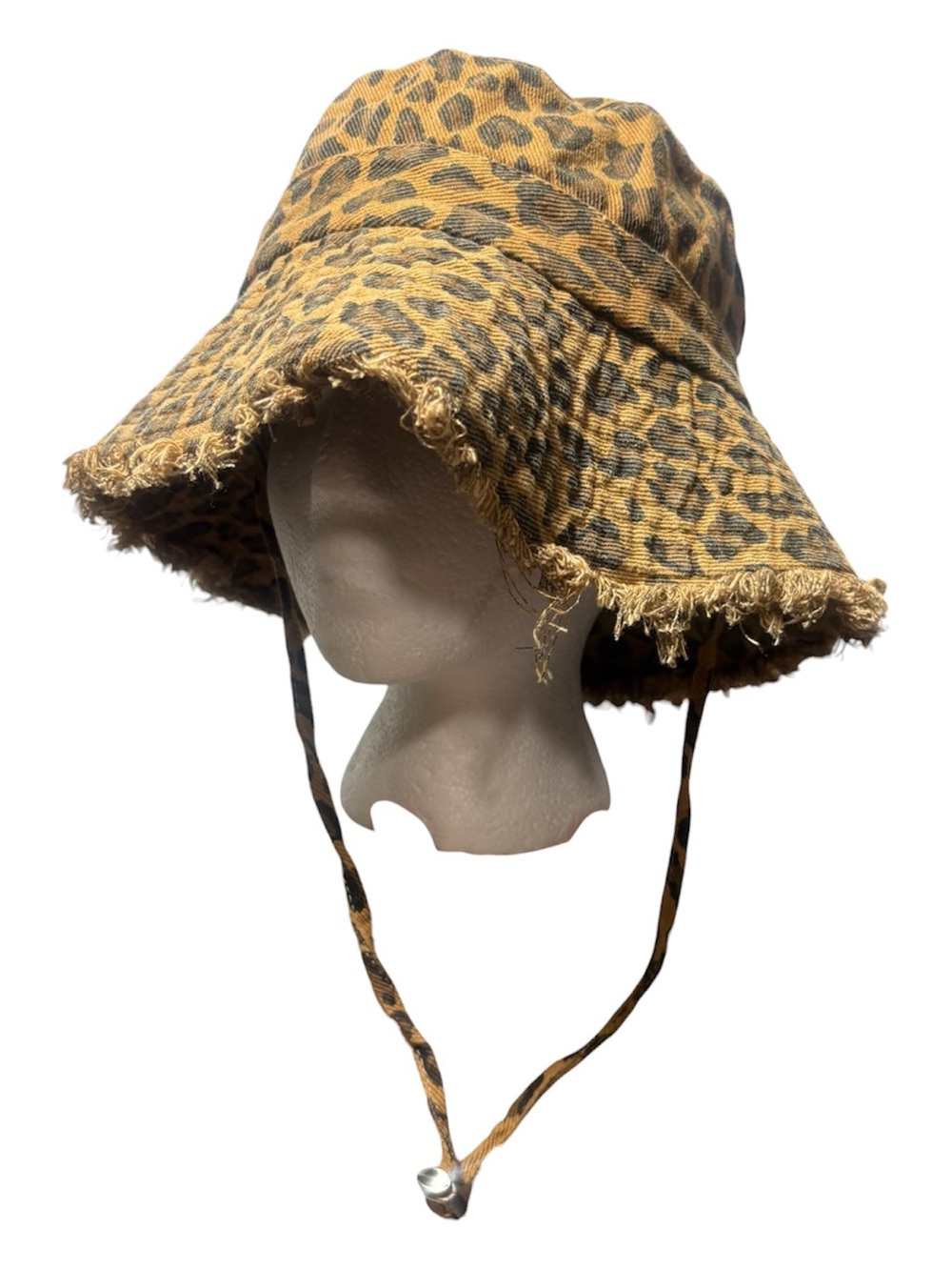 Leopard Print Frayed Bucket Hat with Chin Strap